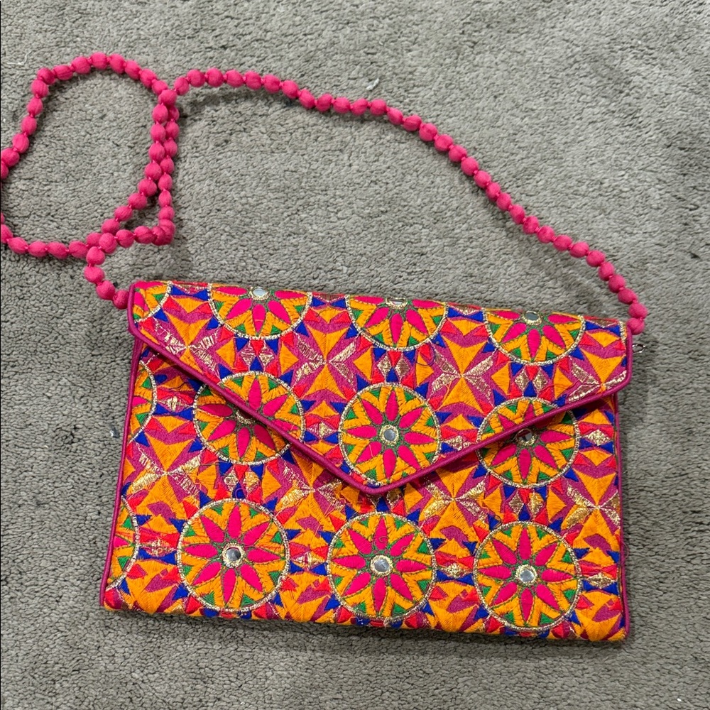 Vibrant Pink and Orange Embroidered Crossbody Bag